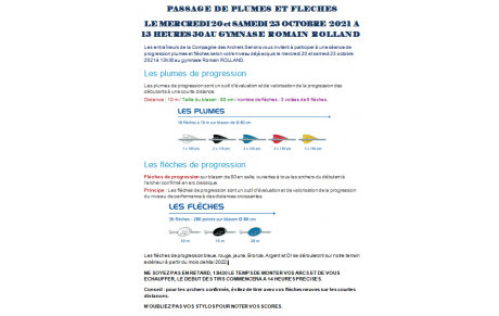 Passage de plumes et flèches ce mercredi 20 et samedi 23 octobre 2021